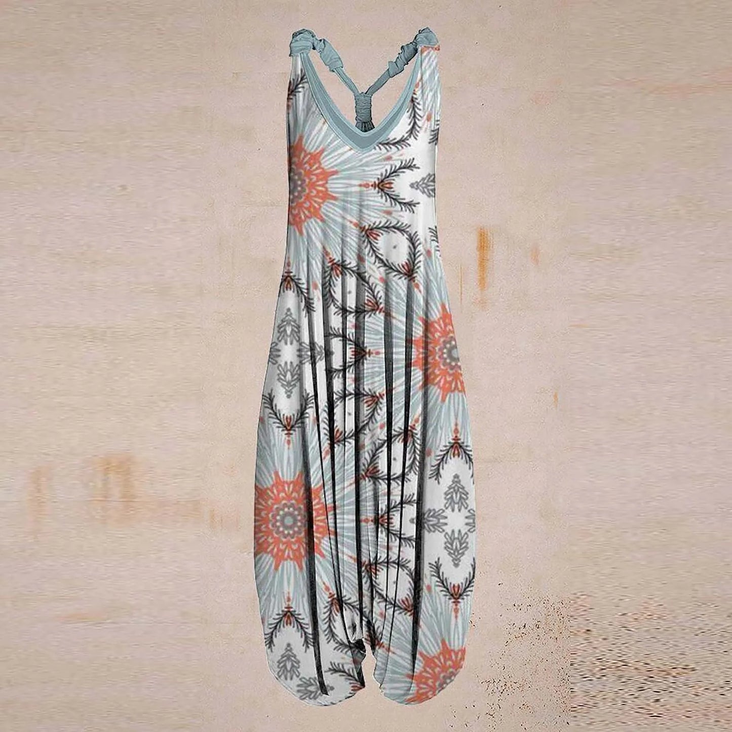 Wide Leg Bohemian Loose Overall Jumpsuit Ethnic Mandala Vintage Paisley Printing Women Rompers Backless Harem Bloomers Playsuit