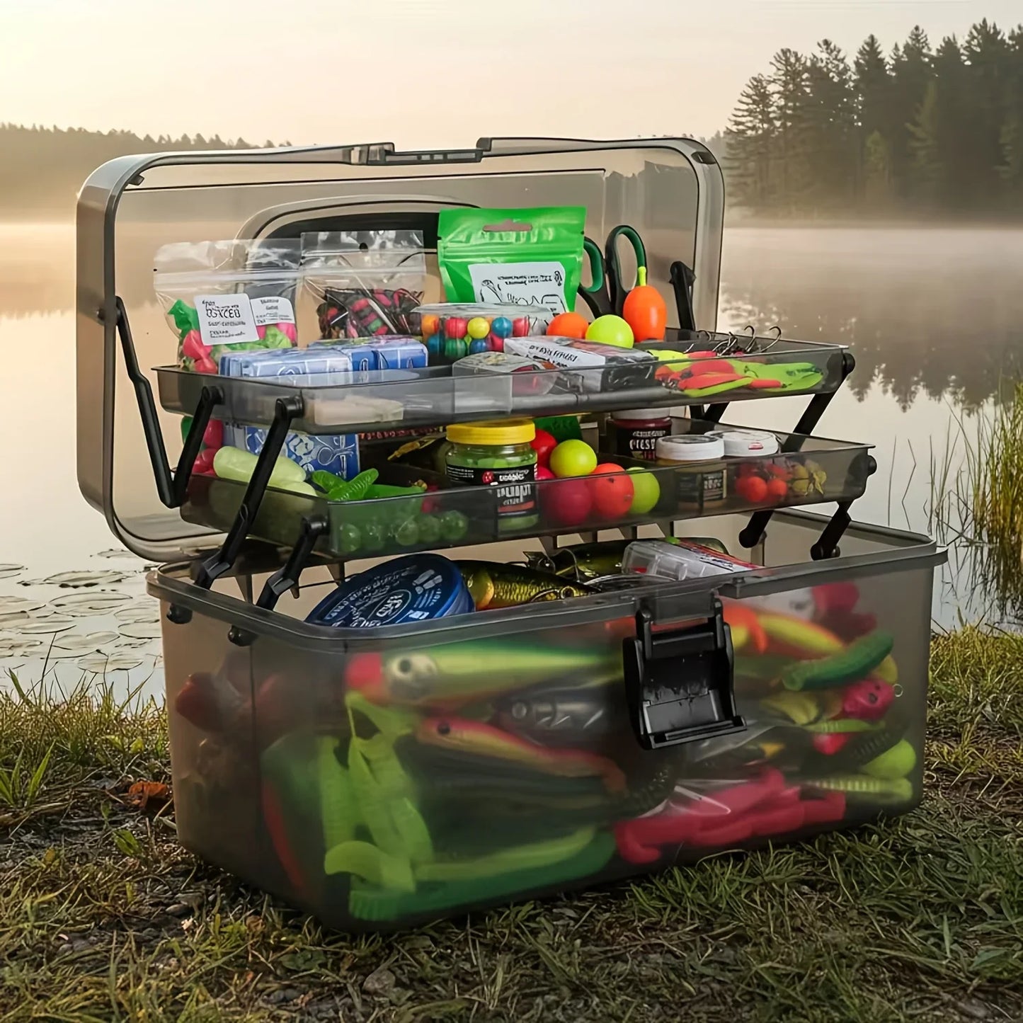 Durable PE Fishing Gear Box | Large Capacity, Black Transparent Design | Built-in Lock, Heavy-duty