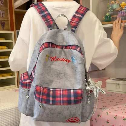 Preppy Style Blue Backpack for Girls, Plaid Spliced School Bag, Cute Nylon Daypack Star Pendant, Large Capacity Student Rucksack