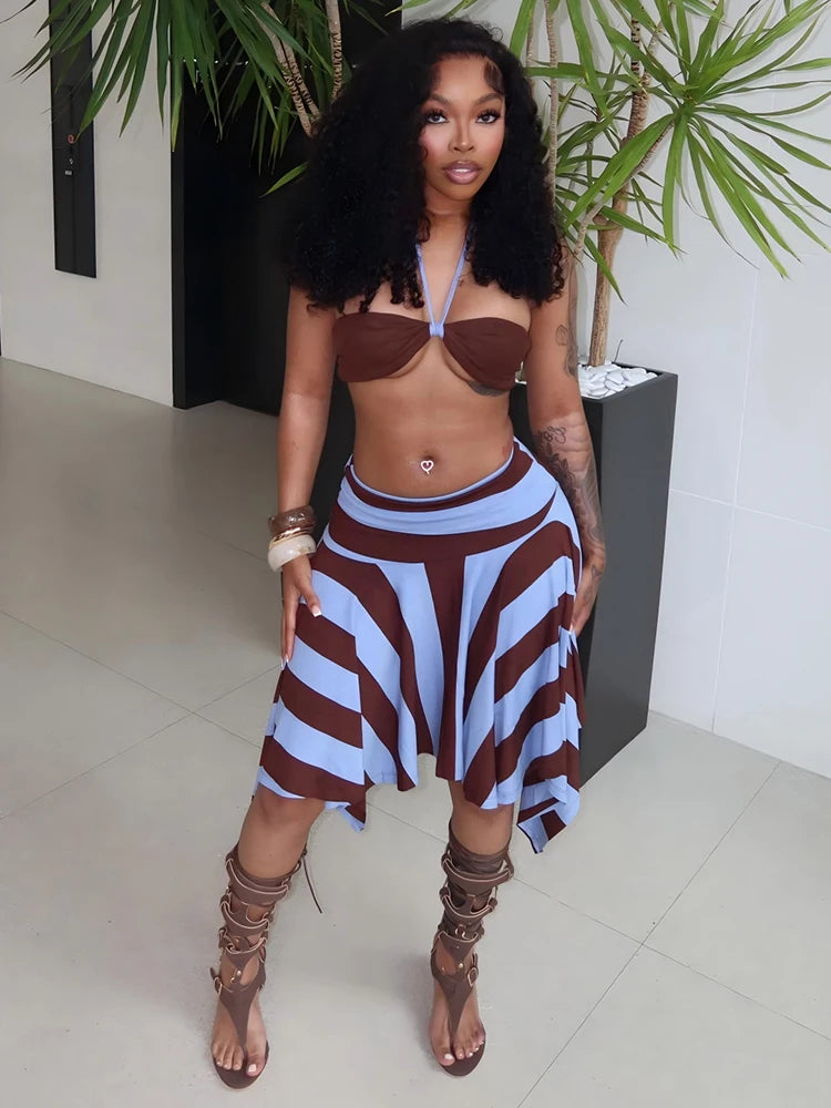 Weird Puss Sexy Fashion 2 Piece Set Woman Halter Long Rope+Skinny Tube Tops+Stripe Patchwork Mid Skirts Beach Party Style Suits