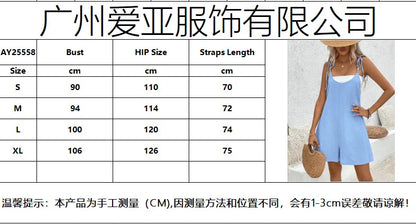 Women's spaghetti strap suspender shoulder short jumpsuit solid color loose wide leg jumpsuit summer casual beach style