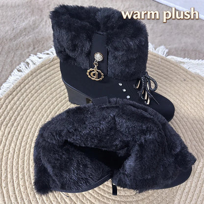 Elegant Fluffy Fur Thick High Heel Suede Ankle Boots Women Winter 2026 Designer Warm Plush Black Short Boots Woman Furry Booties