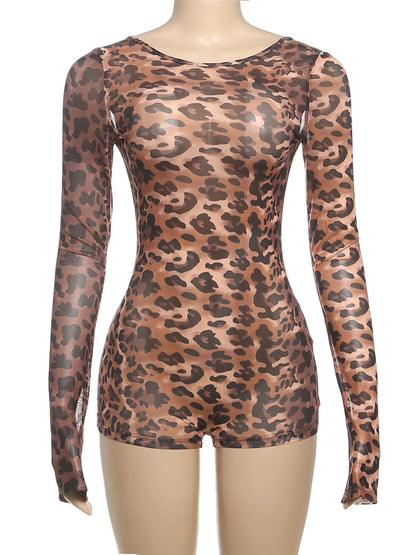Weird Puss Sexy Backless Romper Women Leopard Print Spring Trend O-Neck Full Sleeve Skinny Stretch Hottie Wild Midnight Clubwear