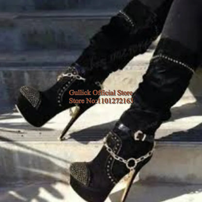 Fashion Gold Chain Strap Studded Knee High Boots Round Toe Black Suede Stretch Fabric Platform Stiletto Heels Boots