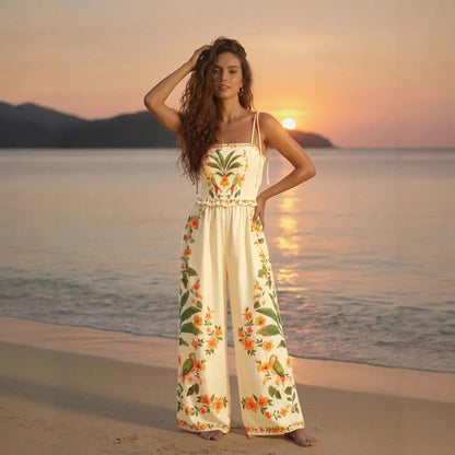 Elegant Floral Print Suspender Jumpsuits 2026 Summer New Backless Lace-up Loose Wide-leg Pants Suit for Boho Beach Vacation