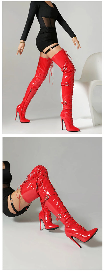 Sgesvier 2025 Jazz Dance High Heels Sexy Women Over the Knee Boots Female Knight Boots Pointed Zipper Pu Thin Heel 12CM Big Size