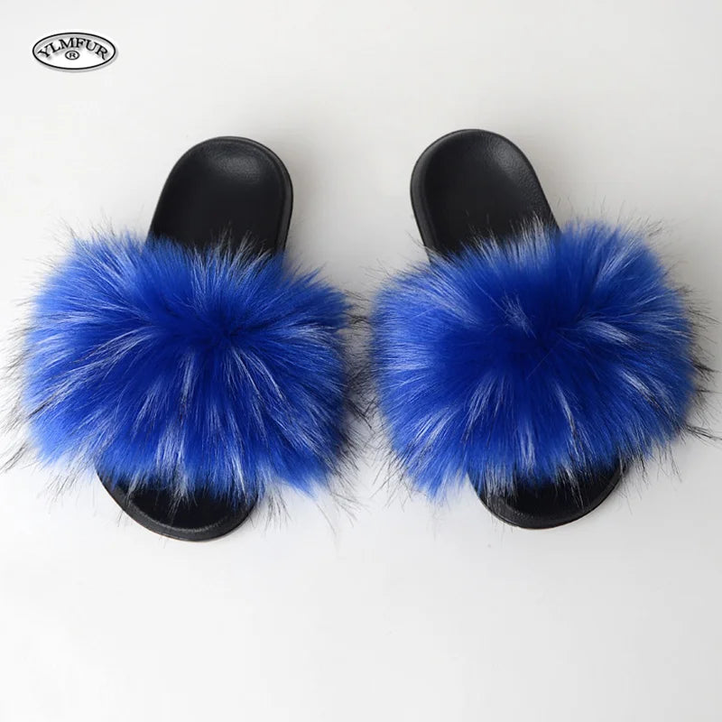 Women's Summer Faux Fur Fox Fur Slippers Fashion Luxury Indoor and Outdoor Non-Slip Solid Color Flat Bottom Furry Sandals