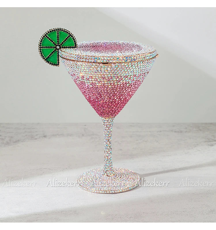 Alizekerr Cocktail Glass Shaped Rhinestone Evening Bags Luxury Designer Gorgeous Crystal Metal Purses And Handbags Wedding Party