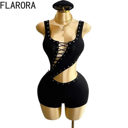 FLARORA Sexy Hollow Out Bandage Rompers Woman Trend Rivet Sleeveless Irregular Skinny Playsuits Hot Girl Party Club Streetwear