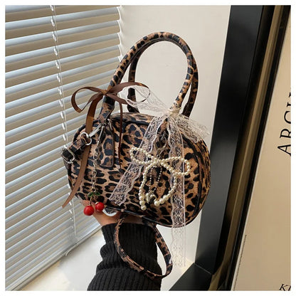 Vintage Leopard Pu Shoulder Bags for Women Portable Trendy Ladies Crossbody Bag Lace Pearl Pendant Female Bowling Handbags
