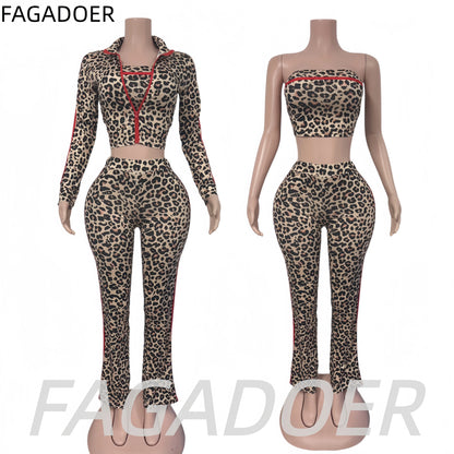 FAGADOER Women Leopard Print 3 Piece Outfit Tube Top Long Sleeve Zip Jacket High Waist Pants Sexy Y2K Clubwear Streetwear Set