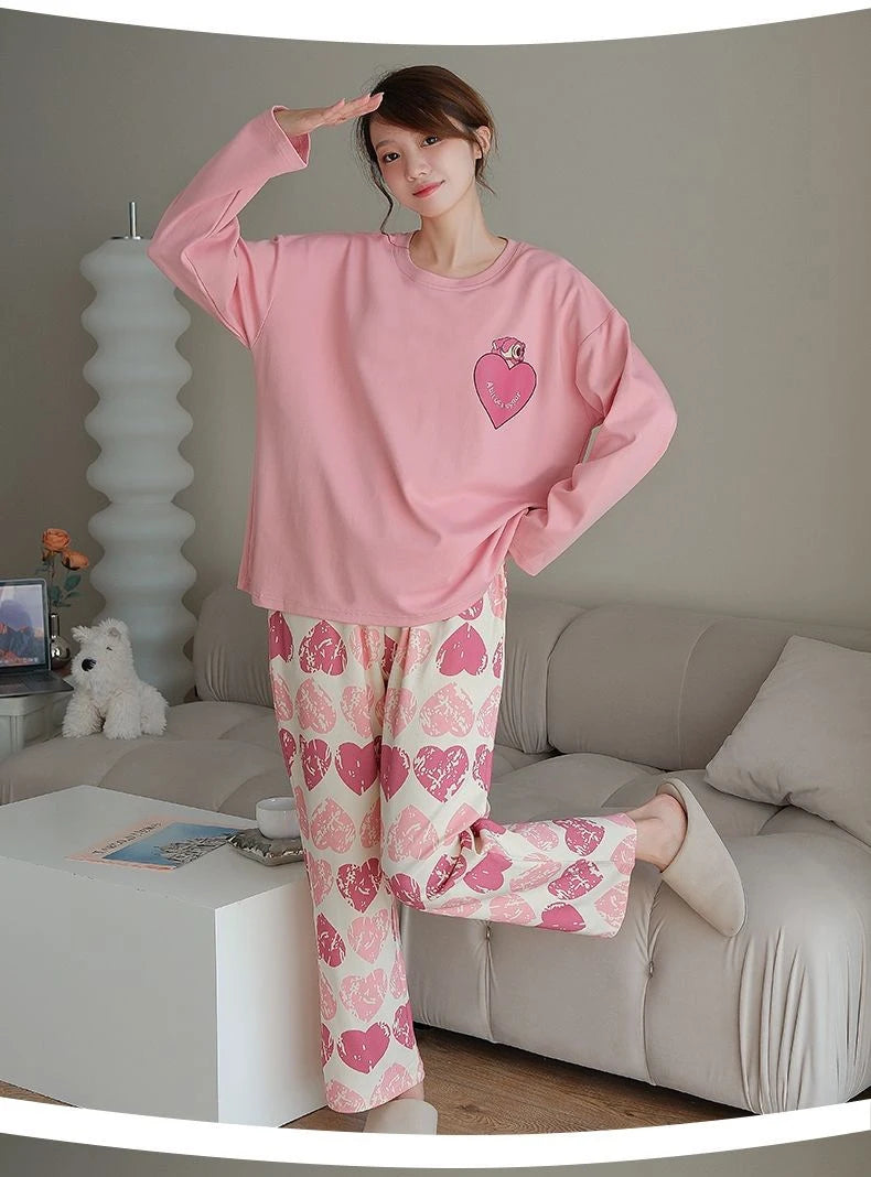 2PCS/Set Women Big Size with Chest Pads Pajamas Spring Autumn and Winter Long-Sleeved Headset Loose Homewear Can Be Worn Outside