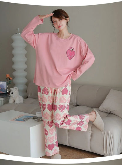 2PCS/Set Women Big Size with Chest Pads Pajamas Spring Autumn and Winter Long-Sleeved Headset Loose Homewear Can Be Worn Outside