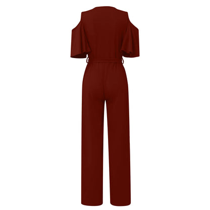 Jumpsuit Summer Pure Color Women Sexy Deep V Neck Short Sleeve Rompers Fashion Slim Fit Lace Up Elegant Female Wide Leg Jumpsuit