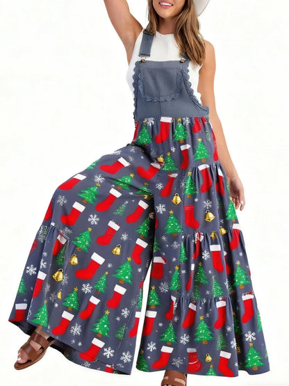 Xingqing Sexy Women Jumpsuits Christmas Themed Print Lace Patchwork Sleeveless Baggy Wide Leg Overalls Streetwear with Pocket