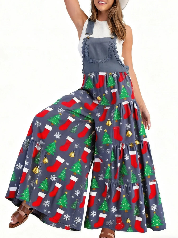 Xingqing Sexy Women Jumpsuits Christmas Themed Print Lace Patchwork Sleeveless Baggy Wide Leg Overalls Streetwear with Pocket