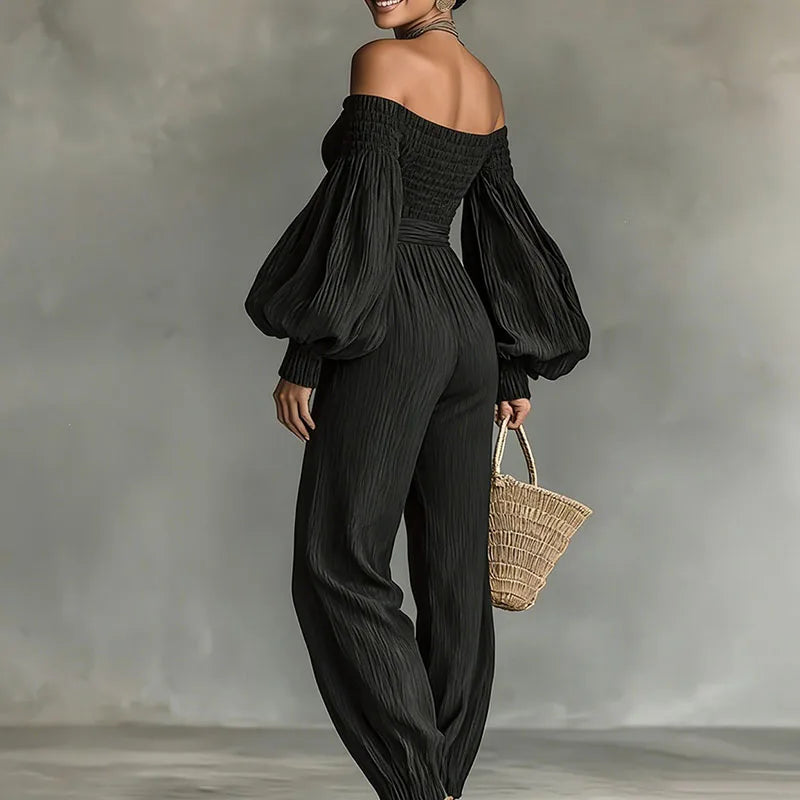 Women Solid Off Shoulder Backless Jumpsuits Lantern Long Sleeve Pleated High Waist Pockets Overalls Casual Holiday Party Rompers