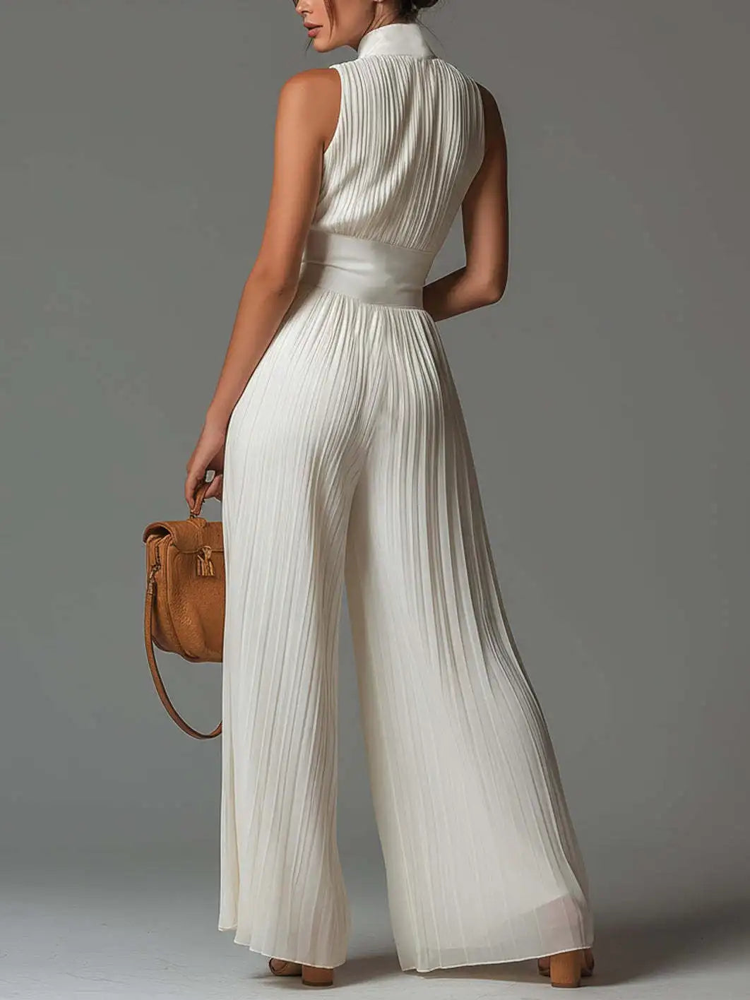Sexy Deep V Neck Hollow Zip Jumpsuit Women's Spring Solid High Waist Wide Leg Romper Summer Sleeveless Pleated Vacation Overalls