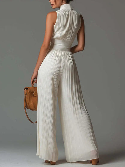 Sexy Deep V Neck Hollow Zip Jumpsuit Women's Spring Solid High Waist Wide Leg Romper Summer Sleeveless Pleated Vacation Overalls