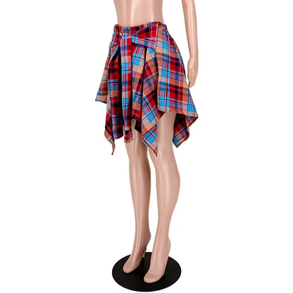 Womens Plaid Skirts High Elastic Waisted Knot Front Asymmetrical Hem Mini Skater Skirt Y2K Streetwear A Line Pleated Skirts