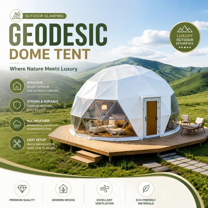 Luxury Modern Geodesic Dome Tent, PVC Canvas Cover Four‑Season Double‑Layer Waterproof for Outdoor Glamping Camping