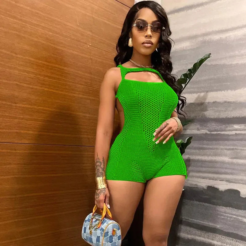 Sexy Hollow Out Knitted Party Playsuit Women Rompers and Jumpsuits Open Back Sleeveless Skinny Beach Outfits Combinaison Short