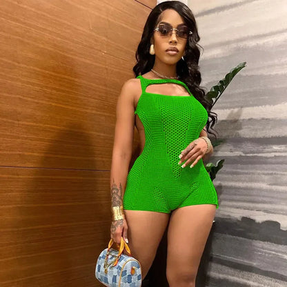 Sexy Hollow Out Knitted Party Playsuit Women Rompers and Jumpsuits Open Back Sleeveless Skinny Beach Outfits Combinaison Short