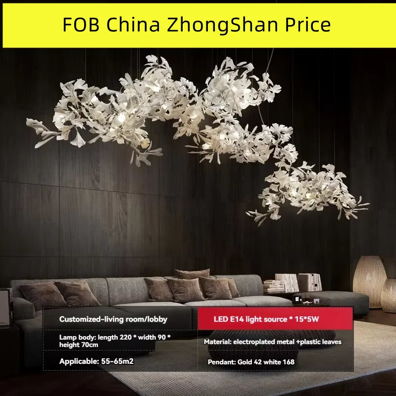 Ginkgo Leaves Loft Hanging Chandelier Light For High Ceiling Staircase Living Dining Room Modern White Porcelain Leaf Chandelier