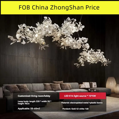 Ginkgo Leaves Loft Hanging Chandelier Light For High Ceiling Staircase Living Dining Room Modern White Porcelain Leaf Chandelier