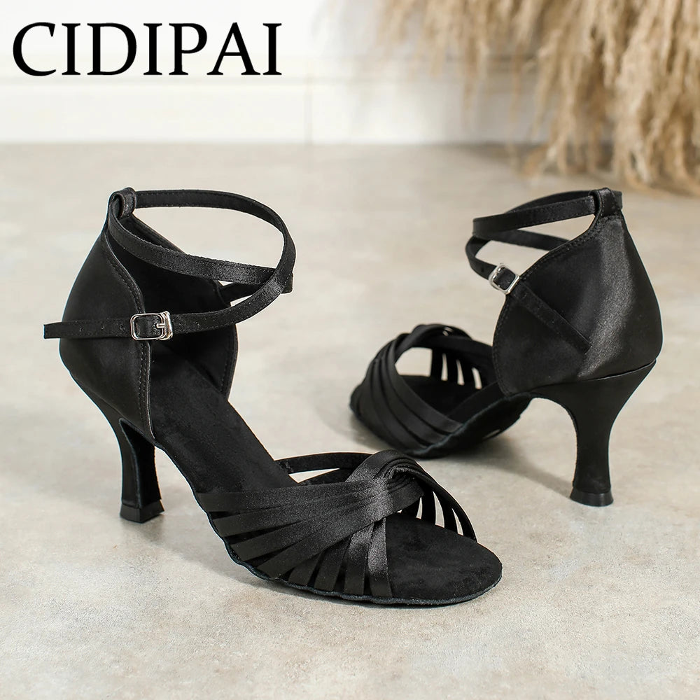 CIDIPAI Black Silk Satin Latin Dance Shoes For Women Latex Soft Soled Ballroom Tango Salsa Dance Shoes Indoor Party Shoes
