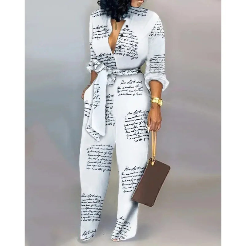 2024 Autumn Casual Women Jumpsuits Print V-Neck High Waist Belt Long Sleeve Elegant Straight Pants Jumpsuit Rompers For Women
