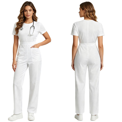 Womens Scrubs Jumpsuit Soft Stretch Medical Scrub Set with Pockets Front Zipper Elastic Waist Jogger Pants Nurse Doctor Workwear