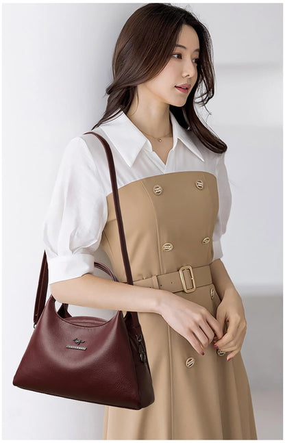 New Ladies Soft Leather Handbag Large Capacity Single Shoulder Bag Retro Solid Color Mom Bolsa Luxury Cross-Border Style Bags