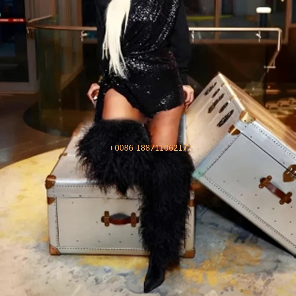 2025 Winter Black Sexy Ladies Catwalk Fur Boots Fashion Street Model Soft Fur Knee-High Stage Boots Pointed Warm Stiletto Boots
