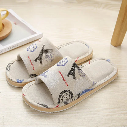 Four Season Linen Home Slippers Women Autumn Indoor Casual Floral Slides Couples House Non-slip Sandals Adults Cartoon Cat Shoes