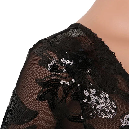 Sparkly Party Night Sequin Jumpsuit Women Overalls Long Sleeve Mesh See Through Patchwork Bodycon Rompers and Jumpsuits Clubwear