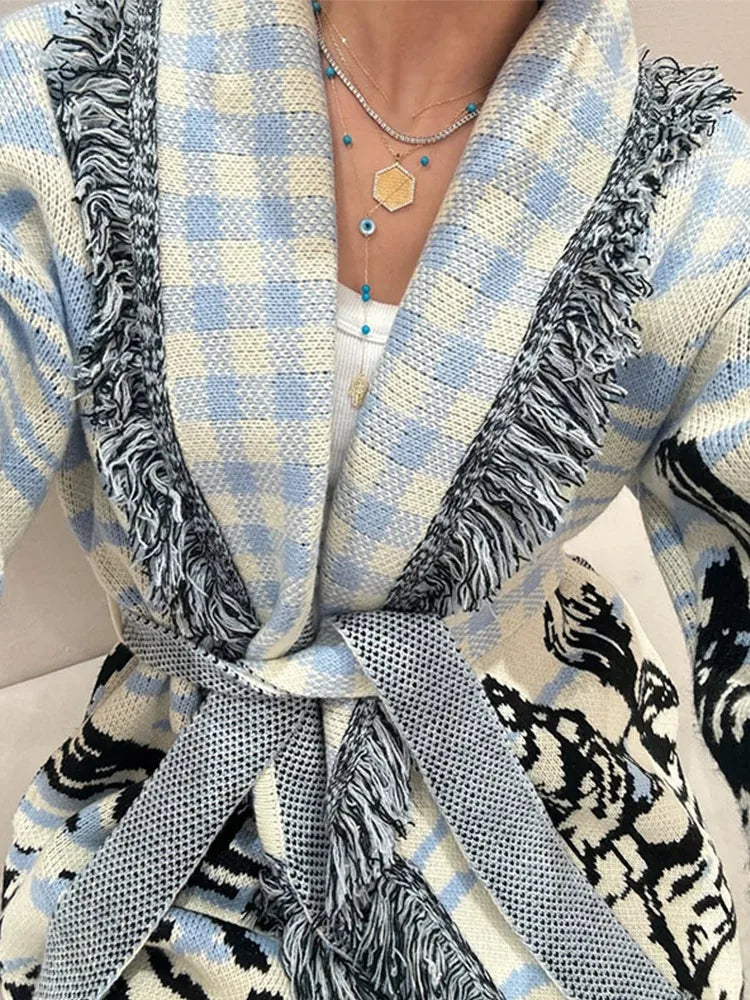 Casual Print Knit Cardigan Women V Neck Long Sleeves Tassels Belts Loose Sweater Female 2026 Autumn Winter Chic Warm Knitwears