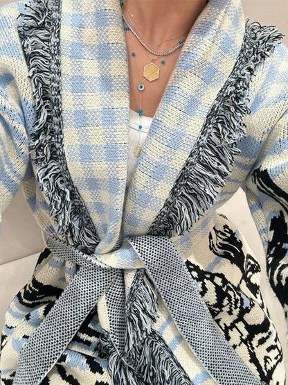 Casual Print Knit Cardigan Women V Neck Long Sleeves Tassels Belts Loose Sweater Female 2026 Autumn Winter Chic Warm Knitwears