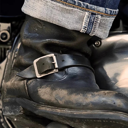 Men's Retro Motorcycle Boots Black Real Leather Knight Cargo Boots Trendy Round Toe Shoes botas para moto motorcycle boots