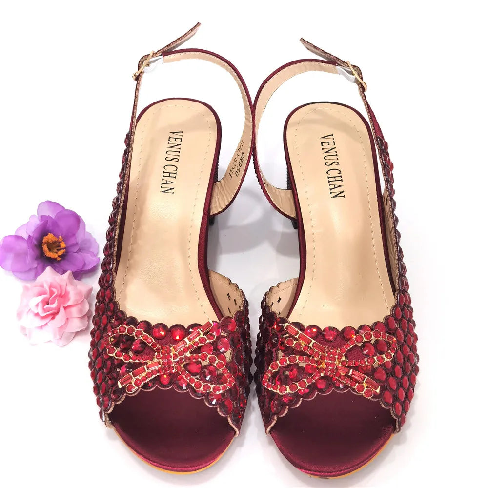 2024 New Italian Design Full Drill Elegant Wine Evening High Heels Wedding Party Shoes Matching Clutch Handbag
