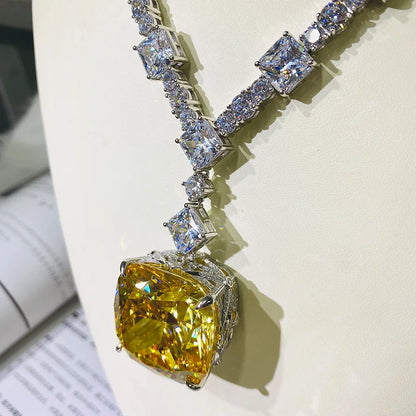 Wong Rain 100% 925 Sterling Silver 30*30 MM Created Moissanite Citrine Gemstone Wedding Cocktail Pendent Necklace Fine Jewelry