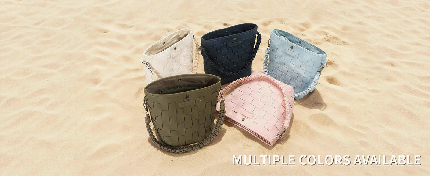 Besnfoto Camera Bag Stylish Woven Leather Shoulder Bucket Bag with Detachable Drawstring Pouch Removable Strap Vintage Crossbody Handbag Case for DSLR Mirrorless Camera Lens Sony Canon Nikon Women
