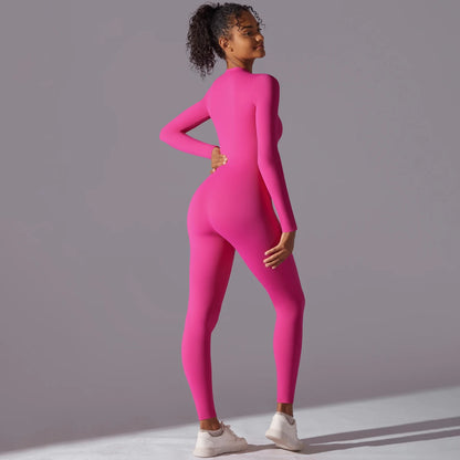 Solid Sports Jumpsuit Fashion Zipper Long Sleeve Fitness Overalls Women Sportswear Quick-dry Gym Yoga Jumpsuit