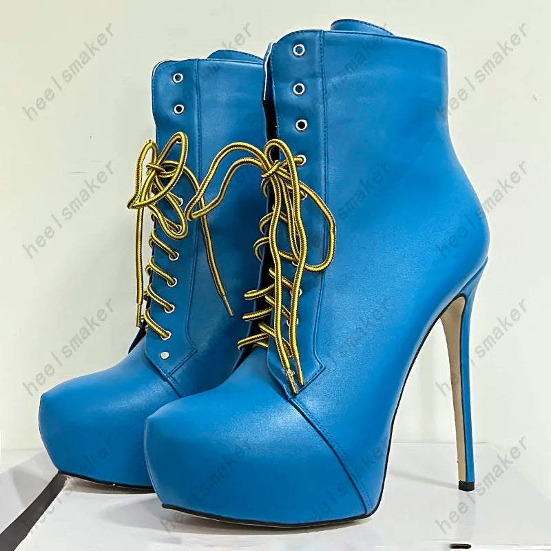 Sukeia Handmade Women Winter Ankle Boots Round Toe Sexy Stiletto Heels Pretty Blue Party Shoes Ladies US Plus Size 5-20