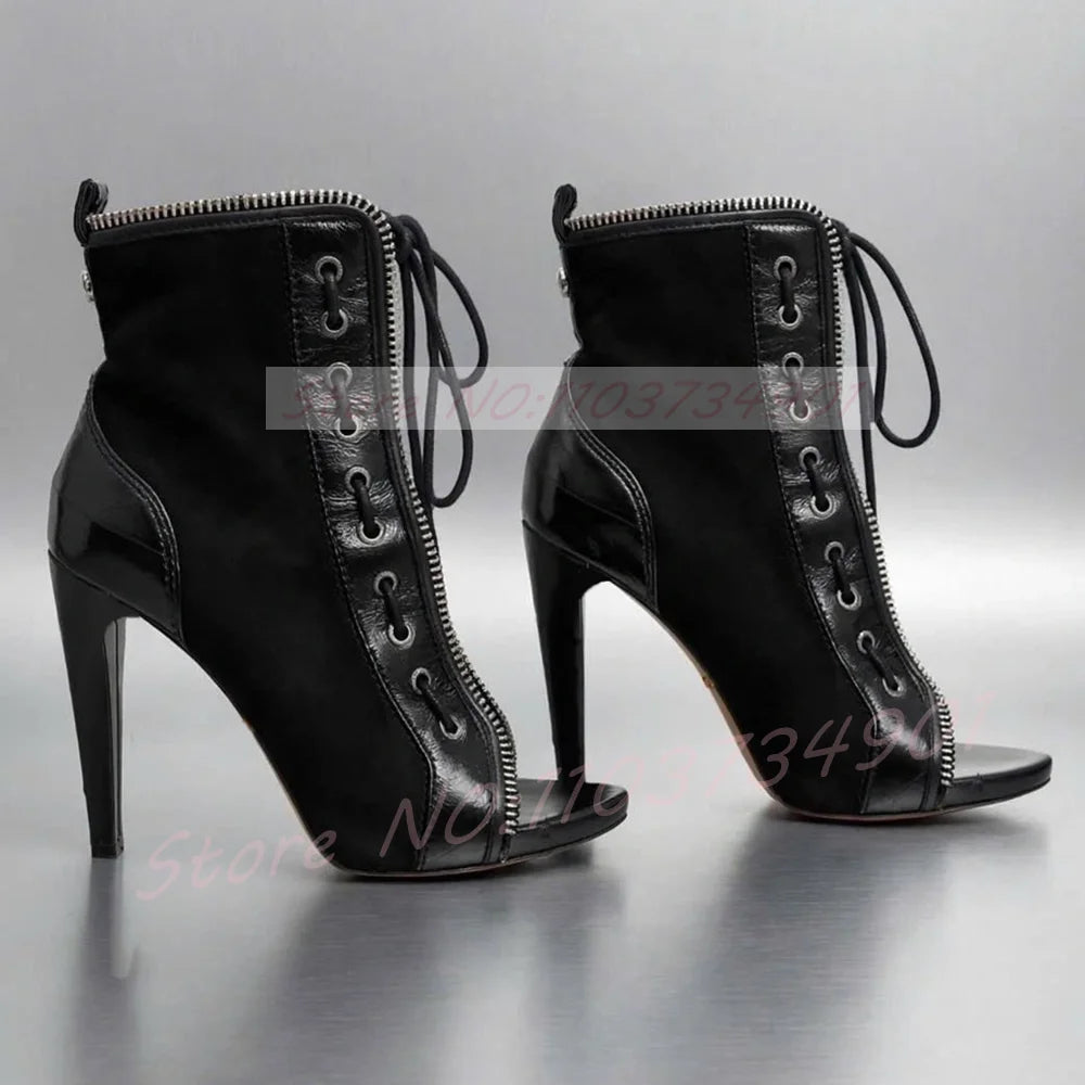 Zip Up Peep Toe Ankle Boots Women High Heels Black Leather Solid Lace-up Shoes