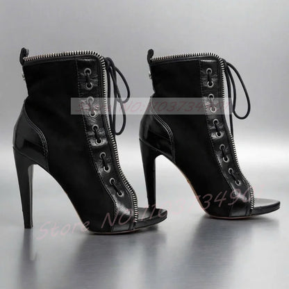 Zip Up Peep Toe Ankle Boots Women High Heels Black Leather Solid Lace-up Shoes