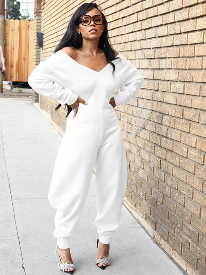 Doyerl Autumn Winter Solid Jumpsuits for Woman Long Sleeve Romper Sexy Off the Shoulder V-neck One Pieces Overalls Combinaison