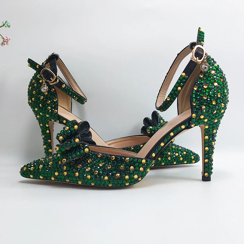 BaoYaFang 2024 New Arrival Teal Blue Strawberry Bridal Wedding Shoes and Bag Female Ladies Party Shoes Ankle Strap High Pumps
