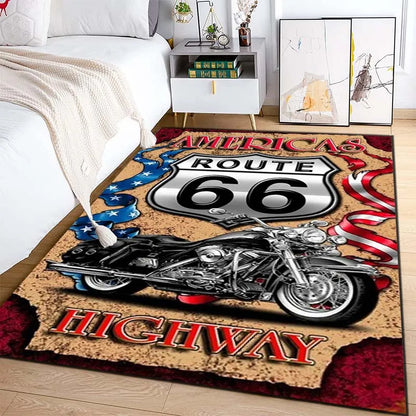 Route 66 Motorcycle Pattern Print Flannel Area Rug Americana Theme Soft Comfortable Floor Mat For Living Room Bedroom