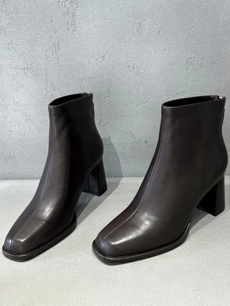 Concise Female Genuine Leather Square Toe Chunky Heel Ankle Boots Versatile Solid Color Cowhide Zipper Hard Wearing Footwear